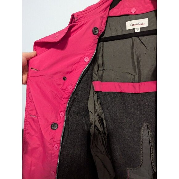Calvin Klein Womens Magenta Pink Rain Jacket Wool Lined Peacoat Belted Size 6 - Picture 11 of 14